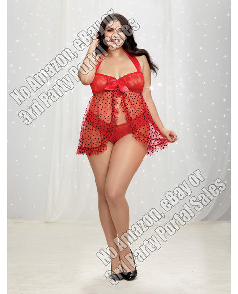 Lace & Mesh Babydoll w/Black Heart Embellishment & Lace Panty Lipstick Red 2X