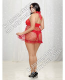 Lace & Mesh Babydoll w/Black Heart Embellishment & Lace Panty Lipstick Red 2X