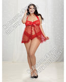 Lace & Mesh Babydoll w/Black Heart Embellishment & Lace Panty Lipstick Red 3X