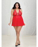 Velvet Trim Babydoll w/Jewell Embellishment & Panty Lipstick Red 1X