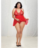 Velvet Trim Babydoll w/Jewell Embellishment & Panty Lipstick Red 1X