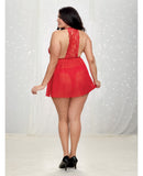 Velvet Trim Babydoll w/Jewell Embellishment & Panty Lipstick Red 1X