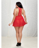 Velvet Trim Babydoll w/Jewell Embellishment & Panty Lipstick Red 2X