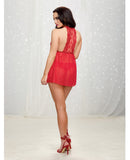 Velvet Trim Babydoll w/Jewell Embellishment & Panty Lipstick Red XL