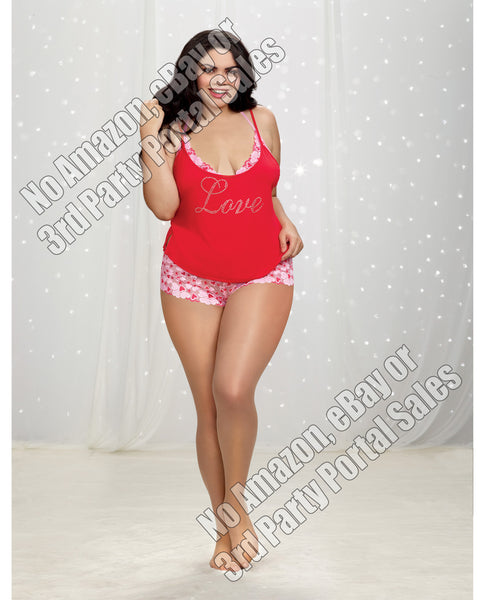 Love Jersey Camisole Set w/Heart-Print Lace Bralette & Panty Lipstick Red 2X