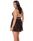 Halter Embroidered Babydoll Black/Fuchsia QN