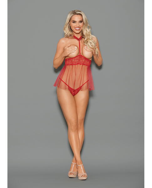 Euphoria Open Top Choker Attached Babydoll w/Open Crotch Panty Red O/S