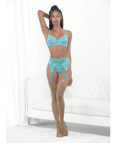 Lace & Mesh Underwire Bra, Garterbelt & G-String Malibu Blue LG