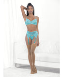 Lace & Mesh Underwire Bra, Garterbelt & G-String Malibu Blue MD