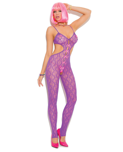 Vivace Lace Bodystocking w/Satin Bow Detail Neon Purple O/S