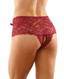 Bottoms Up Magnolia Stretch Lace Crotchless Panty w/Ribbon Lace Up Front Garnet L/XL