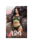 Vibes Fuck Ur Rules Long Sleeve Crop Top, Panty & Pasties Black/Green L/XL