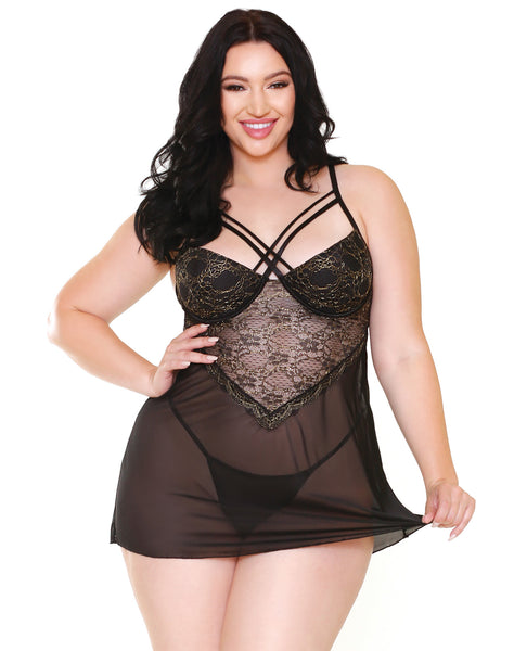 Curve Marissa Floral Lace & Sheer Mesh Dress & G-String Black 1X/2X