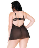 Curve Marissa Floral Lace & Sheer Mesh Dress & G-String Black 1X/2X