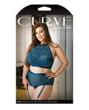 Curve Shay lace halter Bra Top & High Waist Crotchless Panty w/Removable Garters Teal 3X/4X