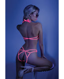 Glow Black Light Halter Bodysuit w/Open Sides Neon Pink L/XL