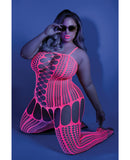 Glow Black Light Criss Cross Paneled Bodystocking Neon Pink QN