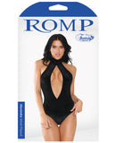 Romp Alexandra Velvet High Neck Halter Teddy w/Front & Back Snap Closure Black L/XL