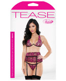 Tease Janelle Two Toned Lace Underwire Bra, Garter Belt & G-String Black/Pink S/M