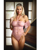 Tease Annabelle Halter Tie Stretch Lace Bodysuit w/Snap Crotch Rose Pink L/XL