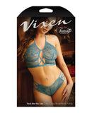 Vixen Teal Me No Lies Criss Cross  Lace Halter Bralette & Panty Teal L/XL