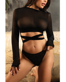 Vixen No Regrets Mesh Long Sleeve Wrap Top & Thong Black L/XL