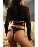 Vixen No Regrets Mesh Long Sleeve Wrap Top & Thong Black O/S