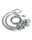 Nixie Metal Butt Plug w/Inlaid Jewel & Cuff Set - Silver Metallic