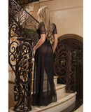 Sheer & Lace Gown w/Double Front Slit w/Straps & Thong - Black