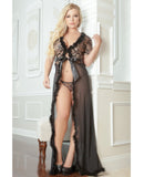 Sensual Lace w/Fur Trim Robe & Thong Golden Black 1X/2X