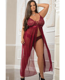 Empire Waist Laced Sheer Long Dress & Panty Mulled Wine QN