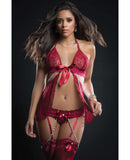 Cut Out Open Front Flyaway Babydoll w/Pearl Chains & Garter Panty Red Berry O/S