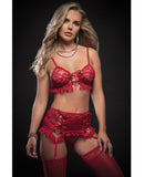 Laced Bra, Garter Skirt, Thong & Stockings Red O/S