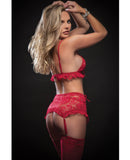 Laced Bra, Garter Skirt, Thong & Stockings Red O/S