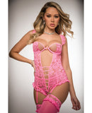 Pinklicious Demi Cup Lace Teddy w/Snap Crotch & Stockings Flash Pink O/S