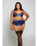 Geometric Lace w/Matte Microfiber Ba, Garter Belt & G-String Navy/Beige 1X