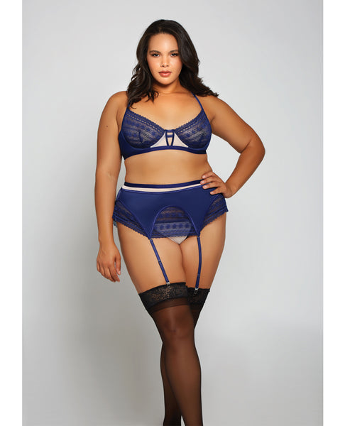 Geometric Lace w/Matte Microfiber Ba, Garter Belt & G-String Navy/Beige 1X