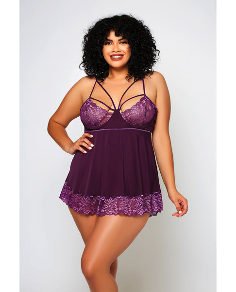 Cross Dye Lace & Microfiber Babydoll & G-String Purple 1X