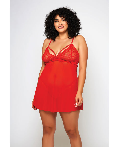 Galloon Lace & Fine Mesh Babydoll & G-String Red 1X