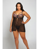 Jacquard Lace, Fine Mesh Babydoll & G-String Fuchsia/Black 2X