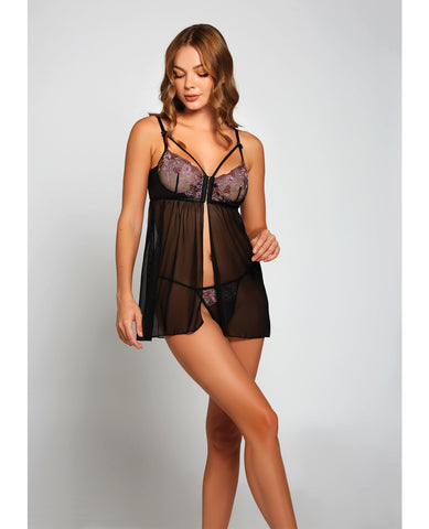 Jacquard Lace, Fine Mesh Babydoll & G-String Fuchsia/Black SM