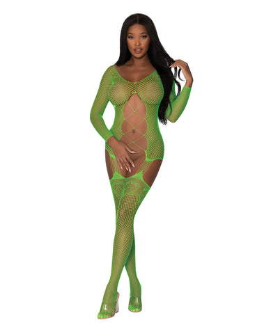 Seamless Fishnet Gartered Catsuit Lime O/S