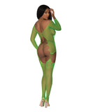 Seamless Fishnet Gartered Catsuit Lime O/S