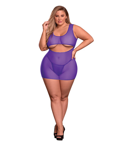 Sheer Mesh Underboob Dress & Crotchless G-String Purple QN