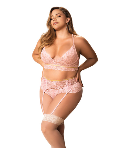 Lace Underwire Bra, Thong & Garterbelt w/Lace Up Detail Rose 2X/3X