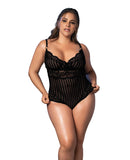 Shadow Strip & Lace Teddy w/Hook & Eye Closure Black 1X/2X