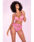 Floral Lace Bra, Ruffle Garter Belt & Panty Sunset Pink S/M