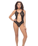 Zigzag Woven Mesh Teddy w/Front Keyhole & Open Back Black O/S