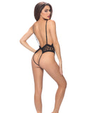 Zigzag Woven Mesh Teddy w/Front Keyhole & Open Back Black O/S