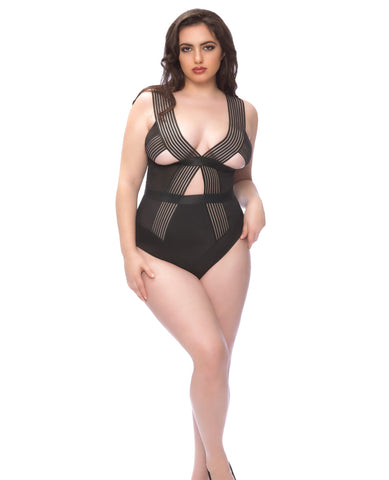 Edgy Elastic Teddy w/Satin Panels & Back Body Keyhole Black 1X